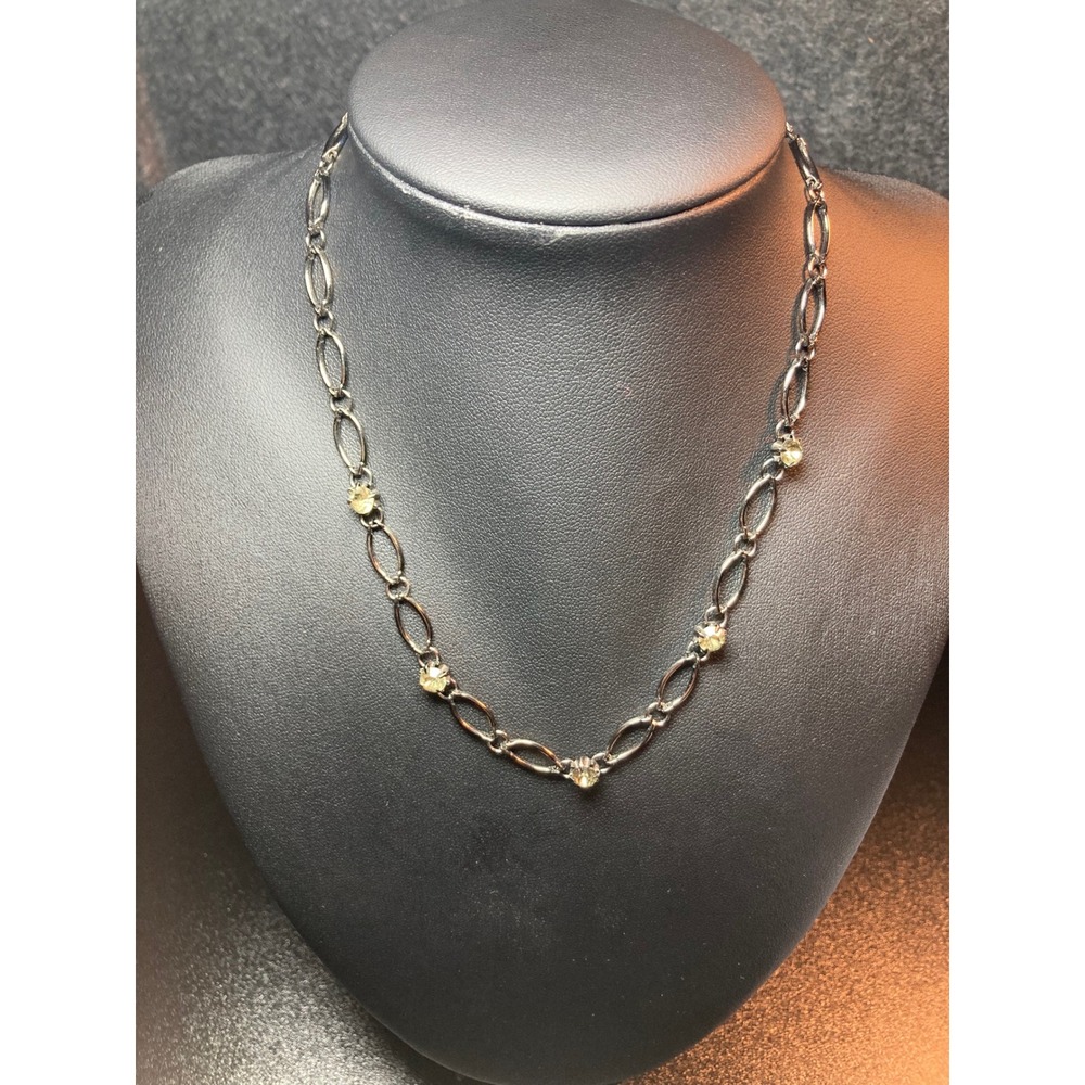 Express Silver Tone Oval Link Station Necklace Yellow Rhinestone Adjustabl Chain